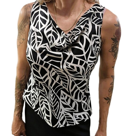 Talbots Vintage Pure Silk Cowl Neck Black White Leaf Print Sleeveless Blouse 6 - Picture 9 of 12